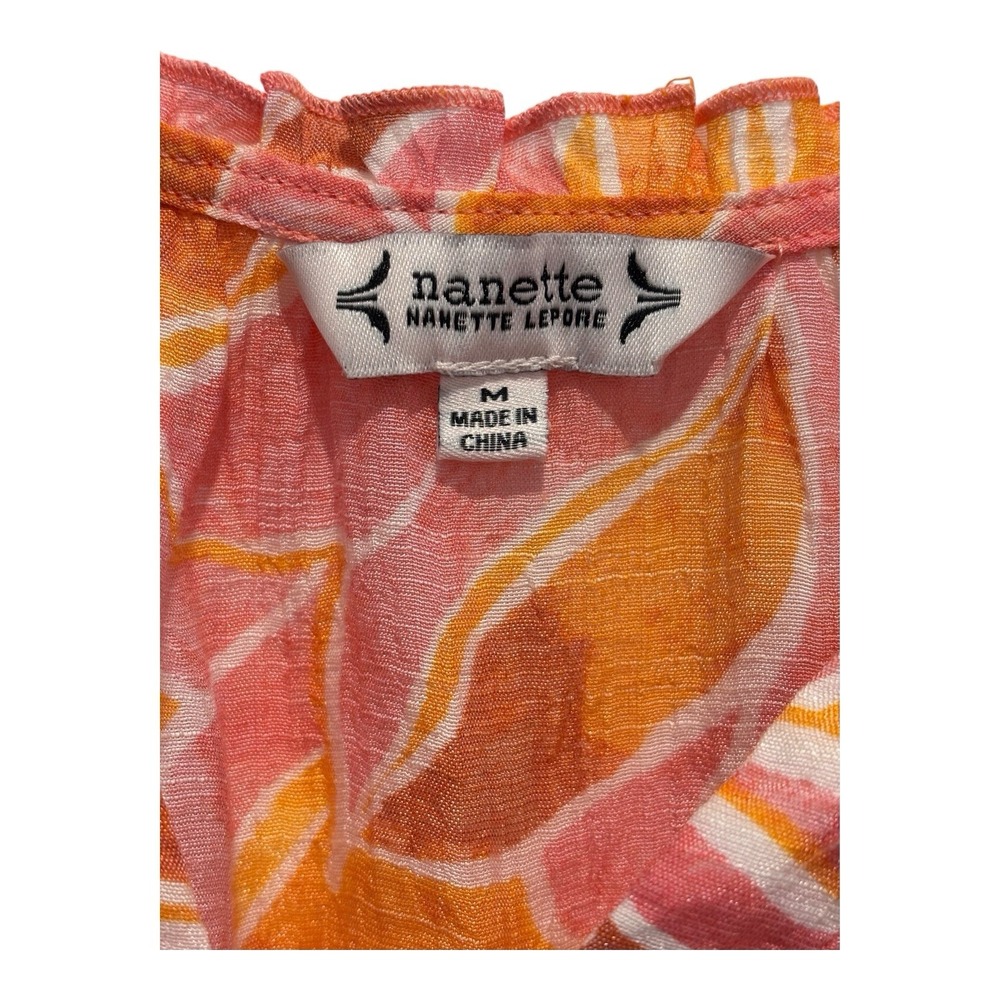 Nanette Lepore Top Womens Medium Floral Blouse Pink‎ Orange Ruffle Sleeve Sheer - Picture 3 of 6